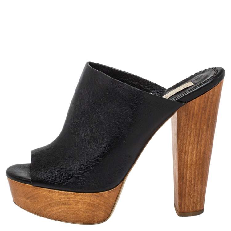 Pre Owned Stella McCartney Black Faux Leather Wooden Block Heel Platform Sandals Size 38.5