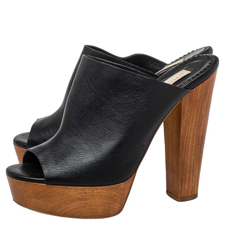 Pre Owned Stella McCartney Black Faux Leather Wooden Block Heel Platform Sandals Size 38.5