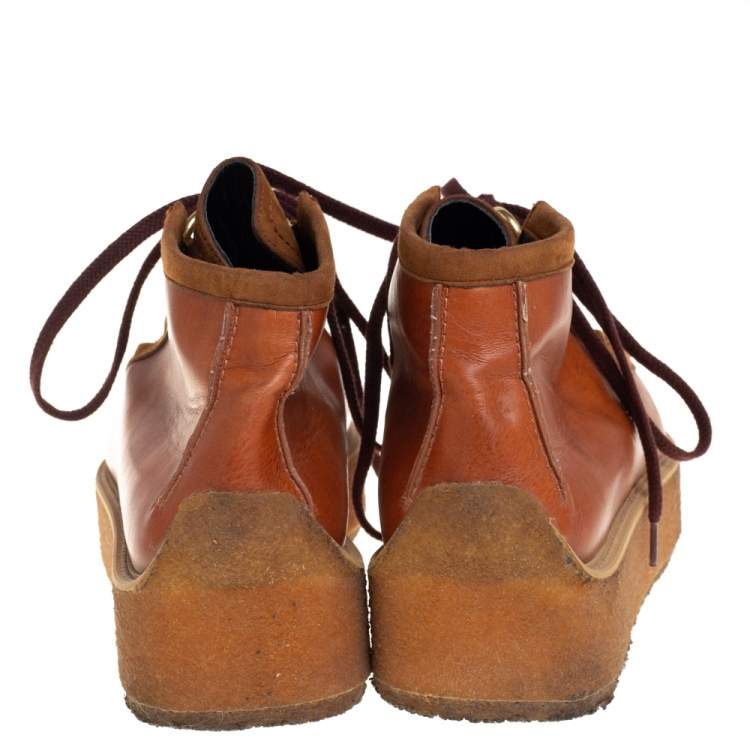Pre Owned Stella McCartney Brown Faux Suede and Faux Leather Clipper Platform High Top Sneakers Size 41