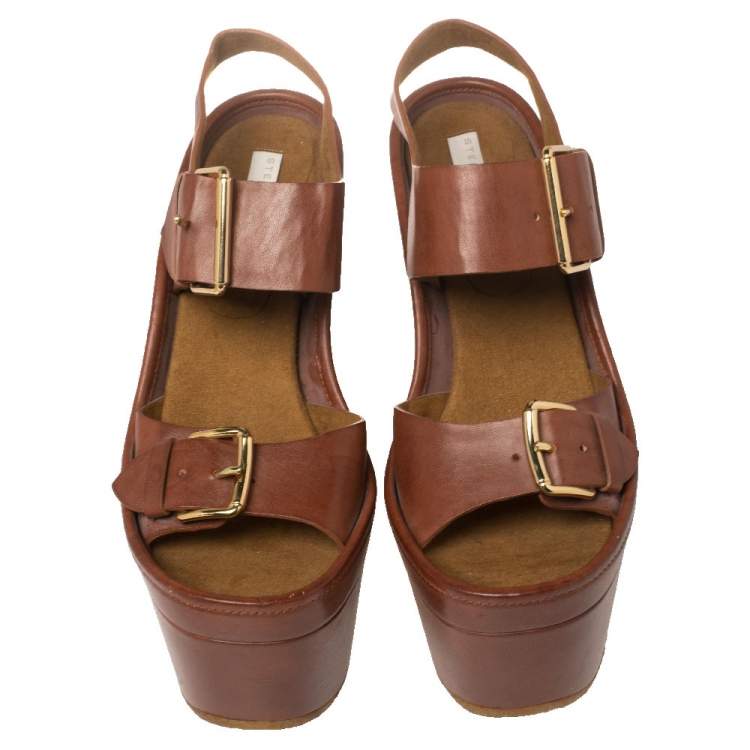 Pre Owned Stella McCartney Brown Faux Leather Buckle Block Heel Platform Sandals Size 40