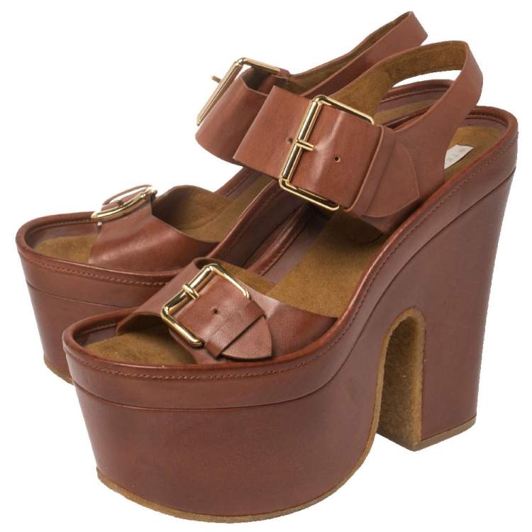 Pre Owned Stella McCartney Brown Faux Leather Buckle Block Heel Platform Sandals Size 40