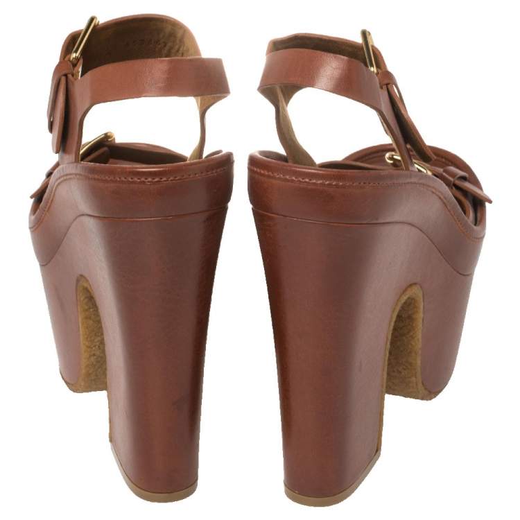 Pre Owned Stella McCartney Brown Faux Leather Buckle Block Heel Platform Sandals Size 40