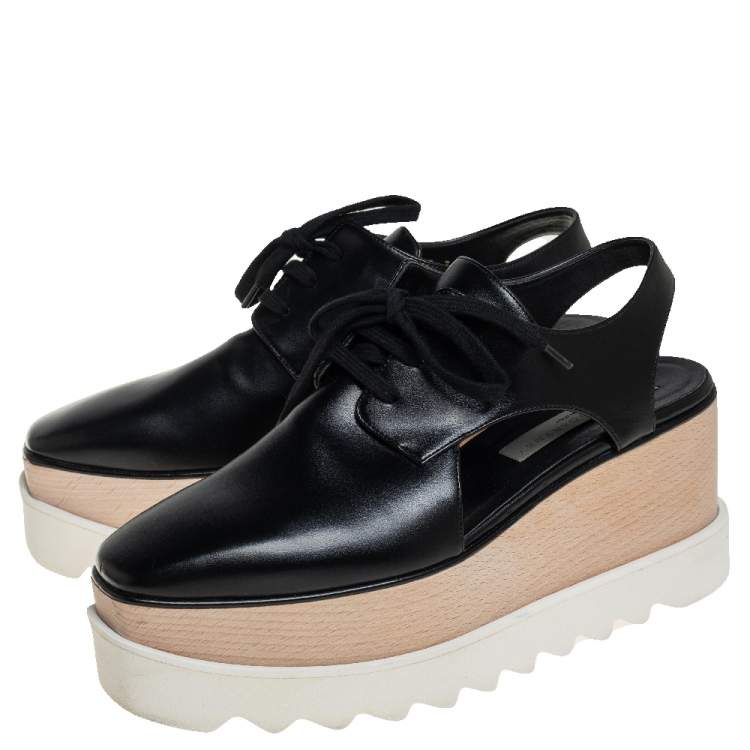 Pre Owned Stella McCartney Black Faux Leather Elyse Cut Out Derby Platform Sneakers Size 38