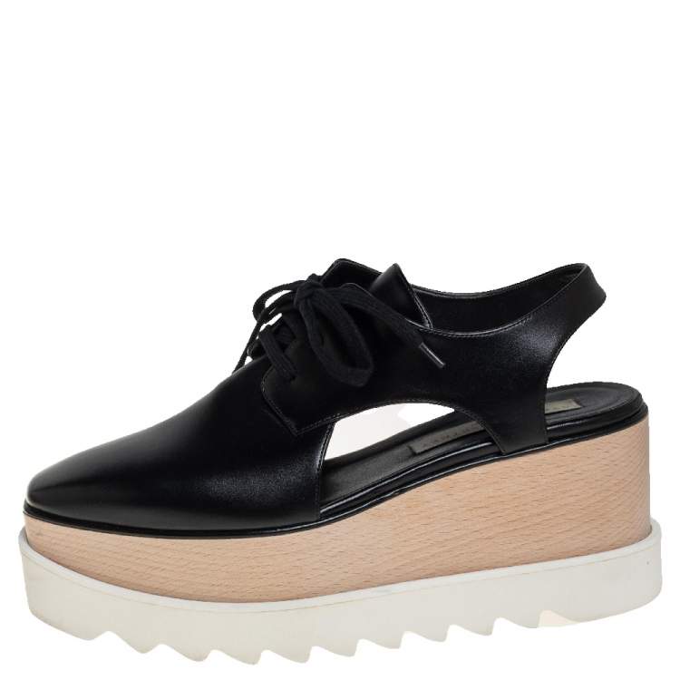 Pre Owned Stella McCartney Black Faux Leather Elyse Cut Out Derby Platform Sneakers Size 38