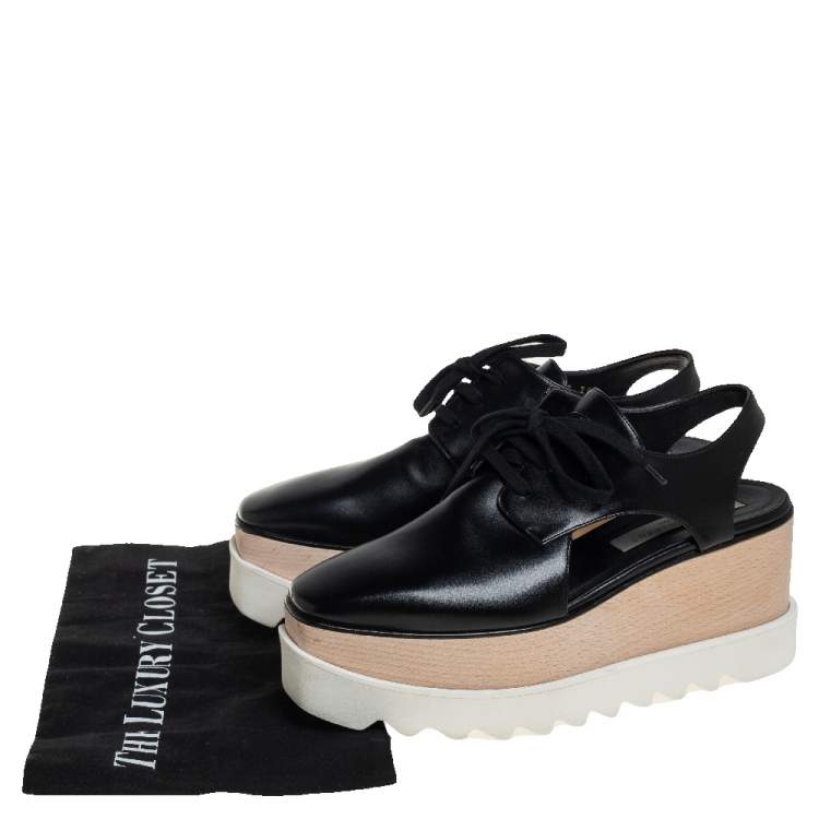 Pre Owned Stella McCartney Black Faux Leather Elyse Cut Out Derby Platform Sneakers Size 38