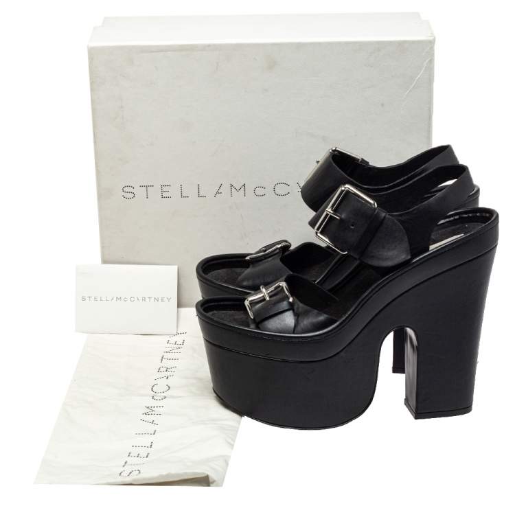 Pre Owned Stella McCartney Black Faux Leather Buckle Block Heel Sandals Size 39