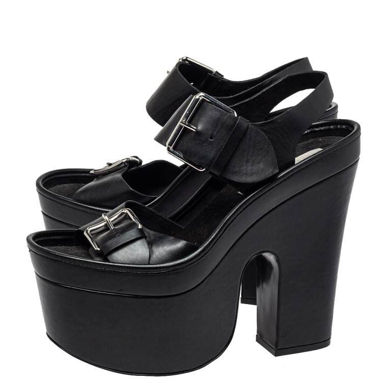Pre Owned Stella McCartney Black Faux Leather Buckle Block Heel Sandals Size 39