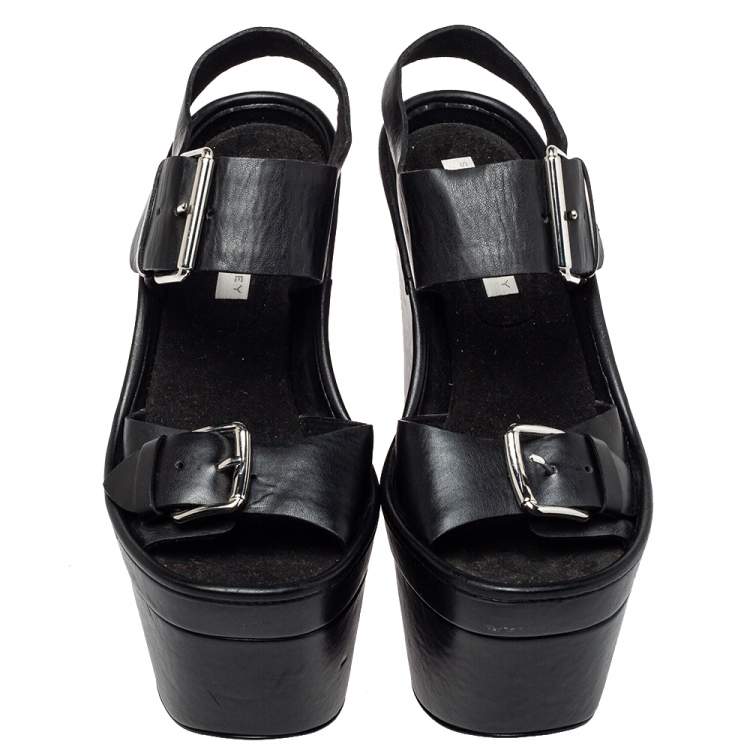 Pre Owned Stella McCartney Black Faux Leather Buckle Block Heel Sandals Size 39