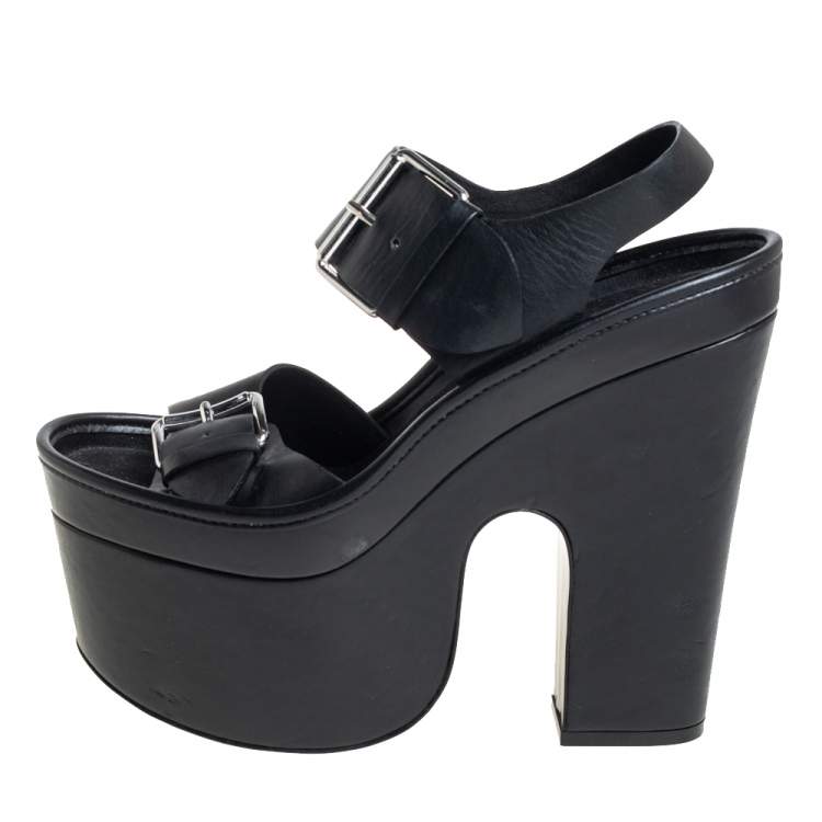 Pre Owned Stella McCartney Black Faux Leather Buckle Block Heel Sandals Size 38