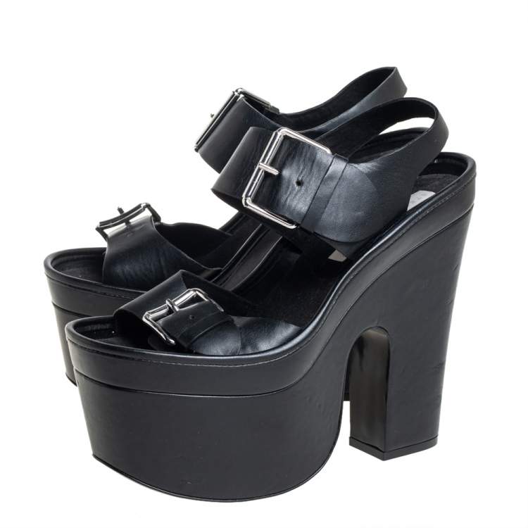 Pre Owned Stella McCartney Black Faux Leather Buckle Block Heel Sandals Size 38