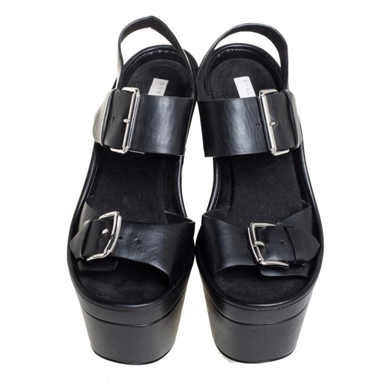 Pre Owned Stella McCartney Black Faux Leather Buckle Block Heel Sandals Size 38