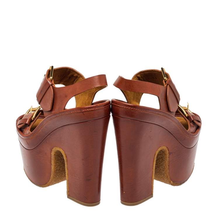 Pre Owned Stella McCartney Brown Faux Leather Block Heel Platform Sandals Size 35