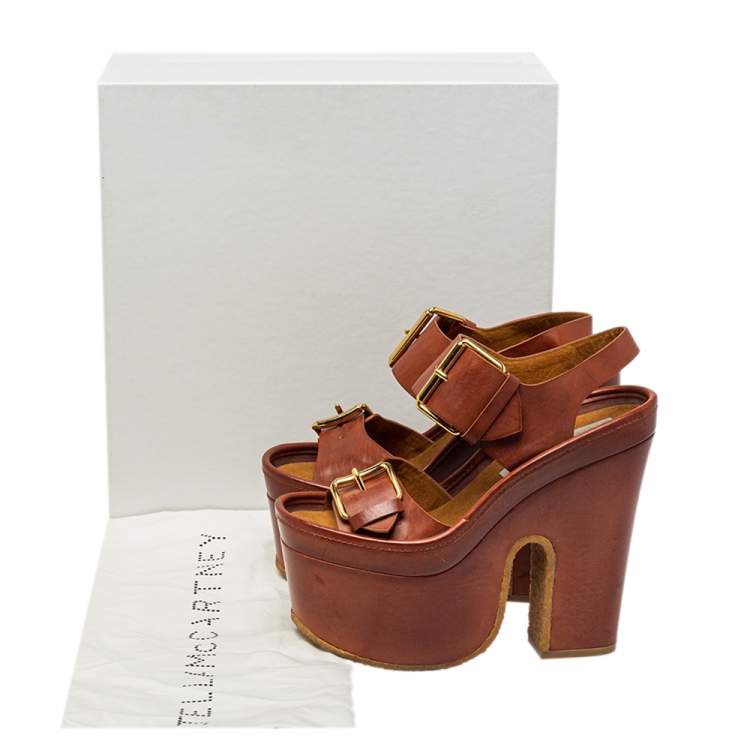 Pre Owned Stella McCartney Brown Faux Leather Block Heel Platform Sandals Size 35