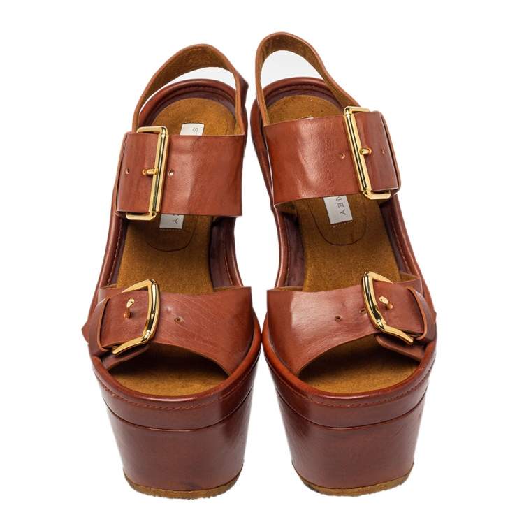 Pre Owned Stella McCartney Brown Faux Leather Block Heel Platform Sandals Size 35