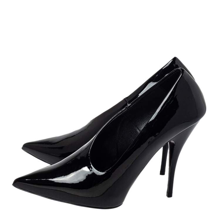 Pre Owned Stella McCartney Black Faux Patent Leather V Neck Pointed Toe Pumps Size 35.5