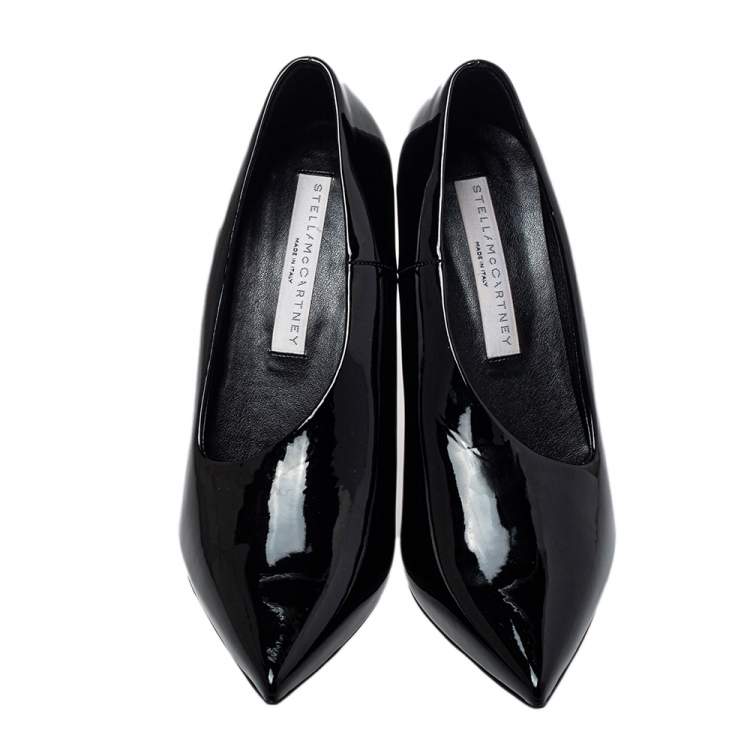 Pre Owned Stella McCartney Black Faux Patent Leather V Neck Pointed Toe Pumps Size 35.5