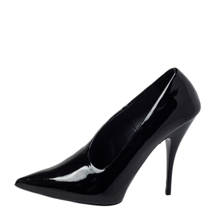 Pre Owned Stella McCartney Black Faux Patent Leather V Neck Pointed Toe Pumps Size 35.5
