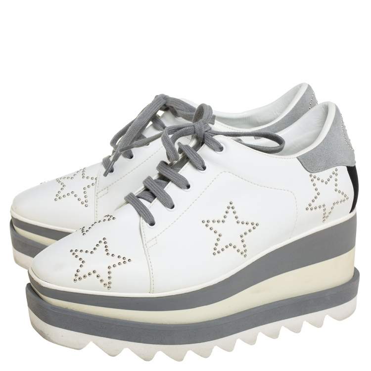 Pre Owned Stella McCartney White/Grey Faux Leather And Suede Elyse Star Sneakers Size 35