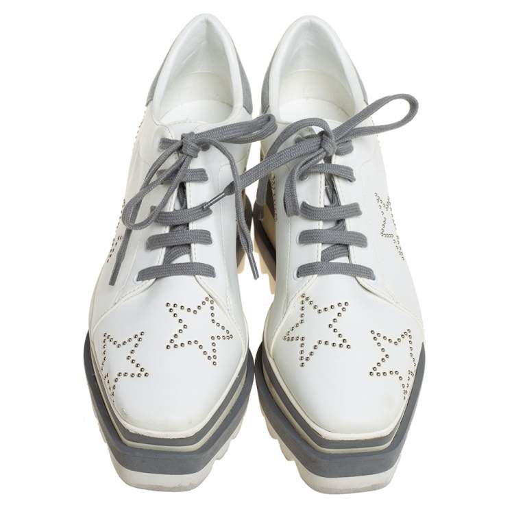 Pre Owned Stella McCartney White/Grey Faux Leather And Suede Elyse Star Sneakers Size 35