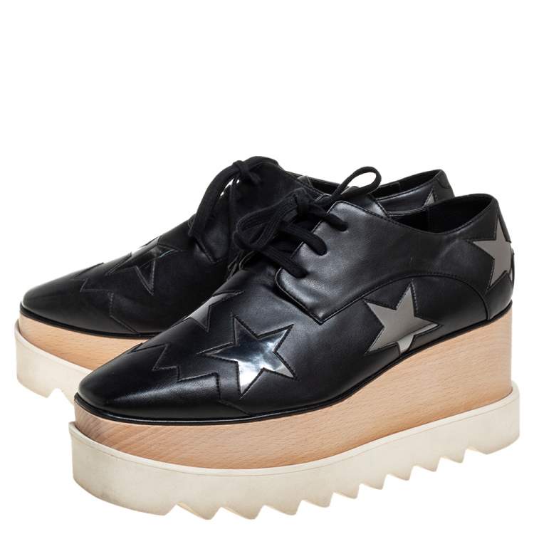 Pre Owned Stella McCartney Black Faux Leather Elyse Wedge Sneakers Size 38