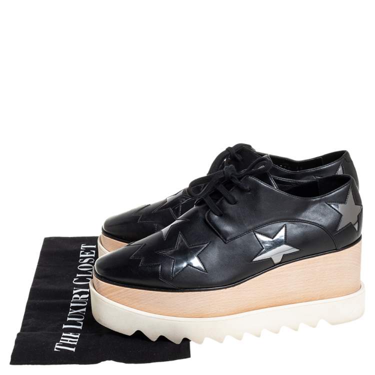 Pre Owned Stella McCartney Black Faux Leather Elyse Wedge Sneakers Size 38