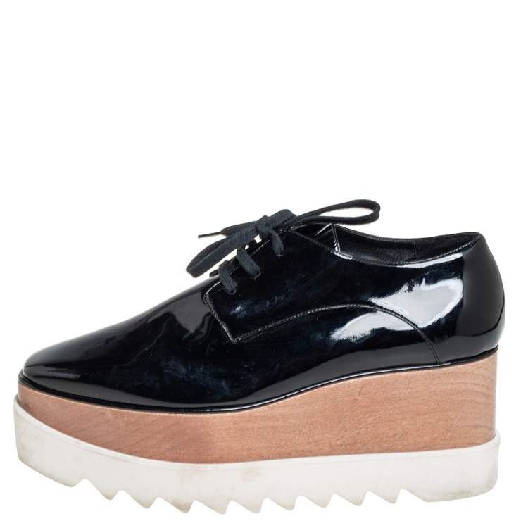 Pre Owned Stella McCartney Black Faux Patent Leather Elyse Platform Lace Up Derby Size 38.5