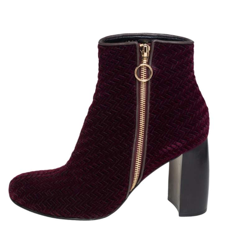 Pre Owned Stella McCartney Burgundy Woven Velvet Block Heel Ankle Booties Size 38