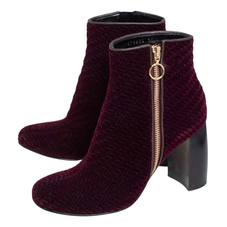 Pre Owned Stella McCartney Burgundy Woven Velvet Block Heel Ankle Booties Size 38