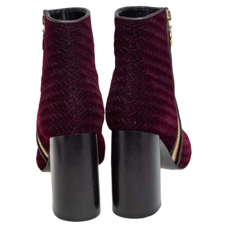 Pre Owned Stella McCartney Burgundy Woven Velvet Block Heel Ankle Booties Size 38