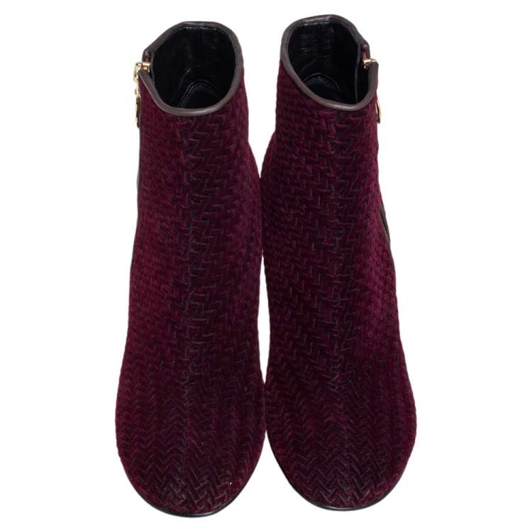 Pre Owned Stella McCartney Burgundy Woven Velvet Block Heel Ankle Booties Size 38