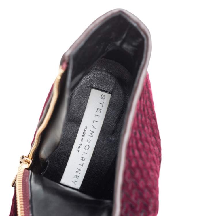 Pre Owned Stella McCartney Burgundy Woven Velvet Block Heel Ankle Booties Size 38