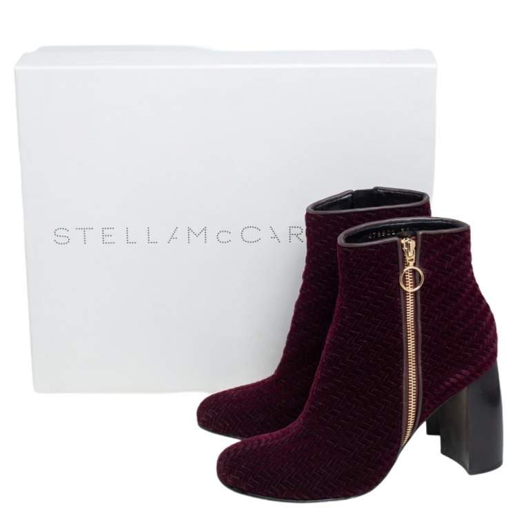 Pre Owned Stella McCartney Burgundy Woven Velvet Block Heel Ankle Booties Size 38