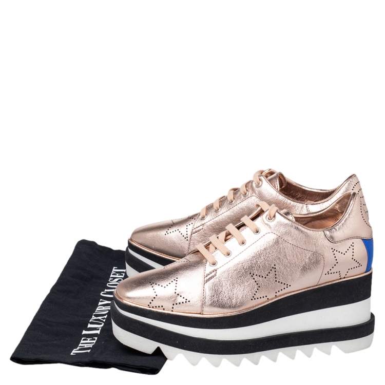 Pre Owned Stella McCartney Metallic Gold Leather Elyse Star Platform Sneakers Size 38