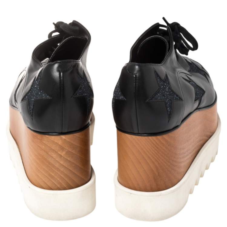 Pre Owned Stella McCartney Black Faux Leather Elyse Star Platform Lace Up Derby Size 38.5