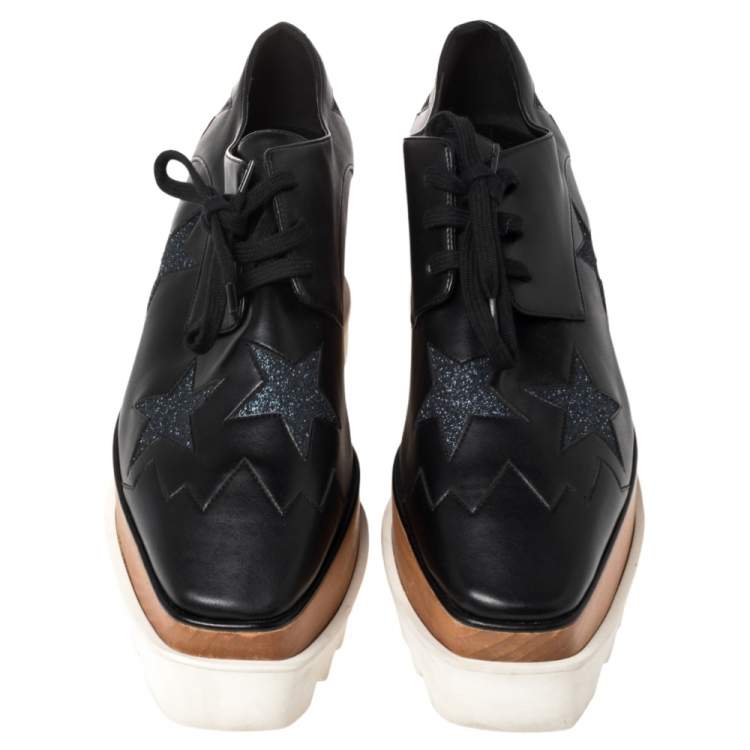 Pre Owned Stella McCartney Black Faux Leather Elyse Star Platform Lace Up Derby Size 38.5