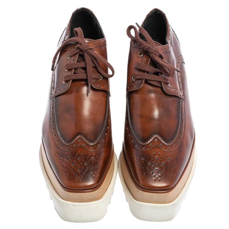 Pre Owned Stella McCartney Brown Brogue Faux Leather Elyse Platform Derby Size 39