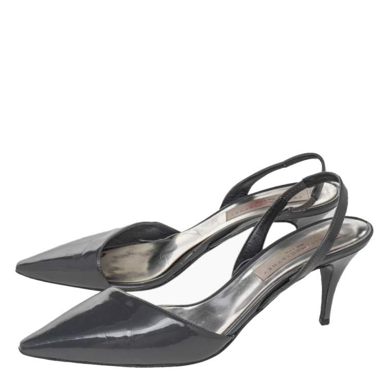 Pre Owned Stella McCartney Dark Grey Faux Patent Leather Slingback Sandals Size 37