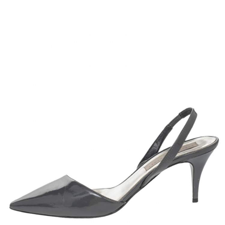 Pre Owned Stella McCartney Dark Grey Faux Patent Leather Slingback Sandals Size 37
