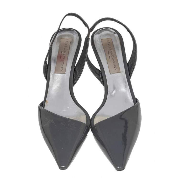 Pre Owned Stella McCartney Dark Grey Faux Patent Leather Slingback Sandals Size 37