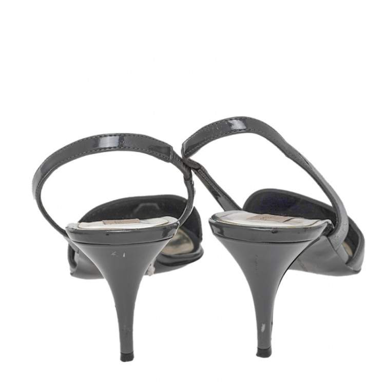 Pre Owned Stella McCartney Dark Grey Faux Patent Leather Slingback Sandals Size 37