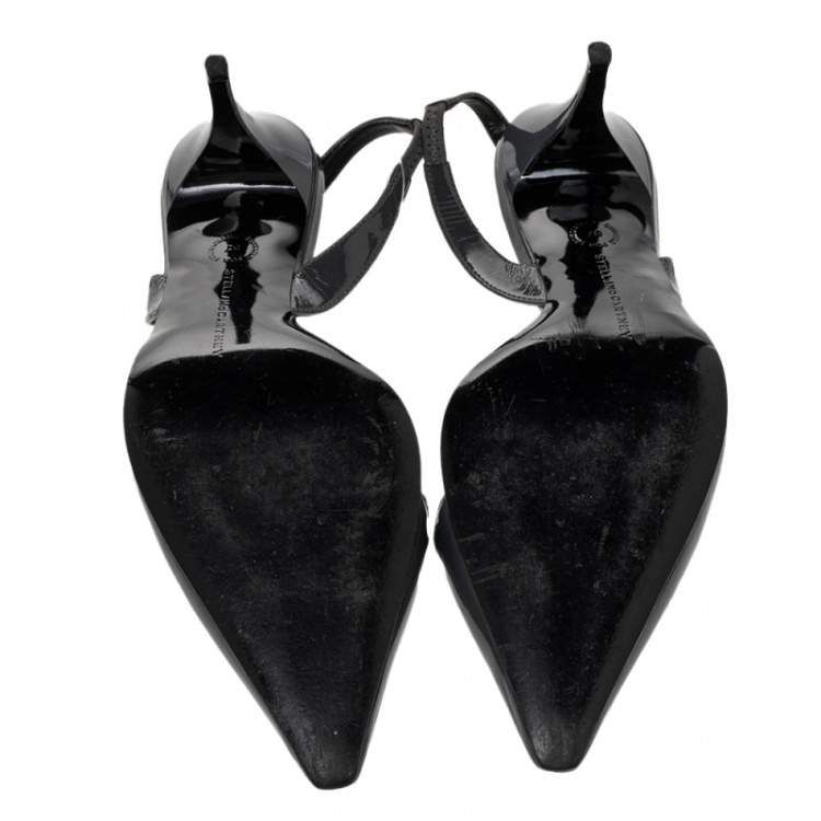 Pre Owned Stella McCartney Dark Grey Faux Patent Leather Slingback Sandals Size 37
