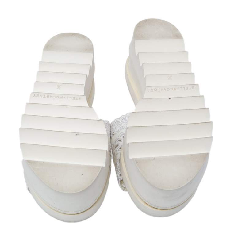 Pre Owned Stella McCartney White Floral Embroidered Cut Out Faux Leather Platform Slide Sandals Size 36