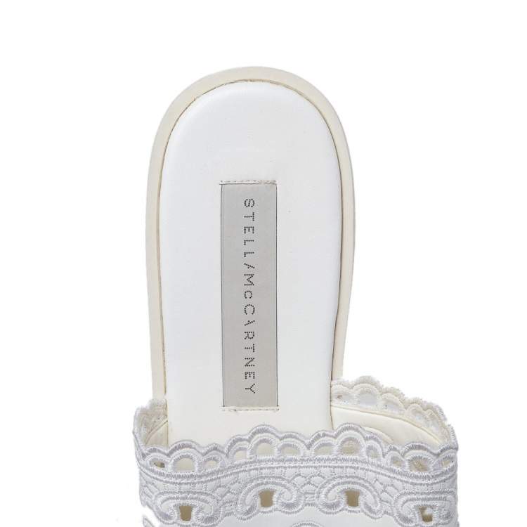 Pre Owned Stella McCartney White Floral Embroidered Cut Out Faux Leather Platform Slide Sandals Size 36