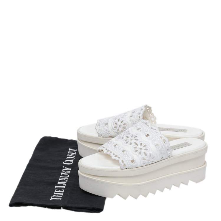 Pre Owned Stella McCartney White Floral Embroidered Cut Out Faux Leather Platform Slide Sandals Size 36