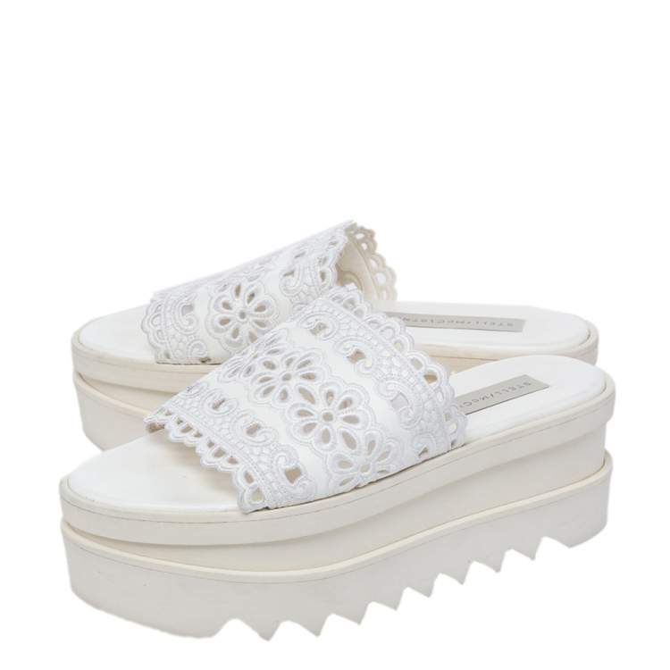 Pre Owned Stella McCartney White Floral Embroidered Cut Out Faux Leather Platform Slide Sandals Size 36