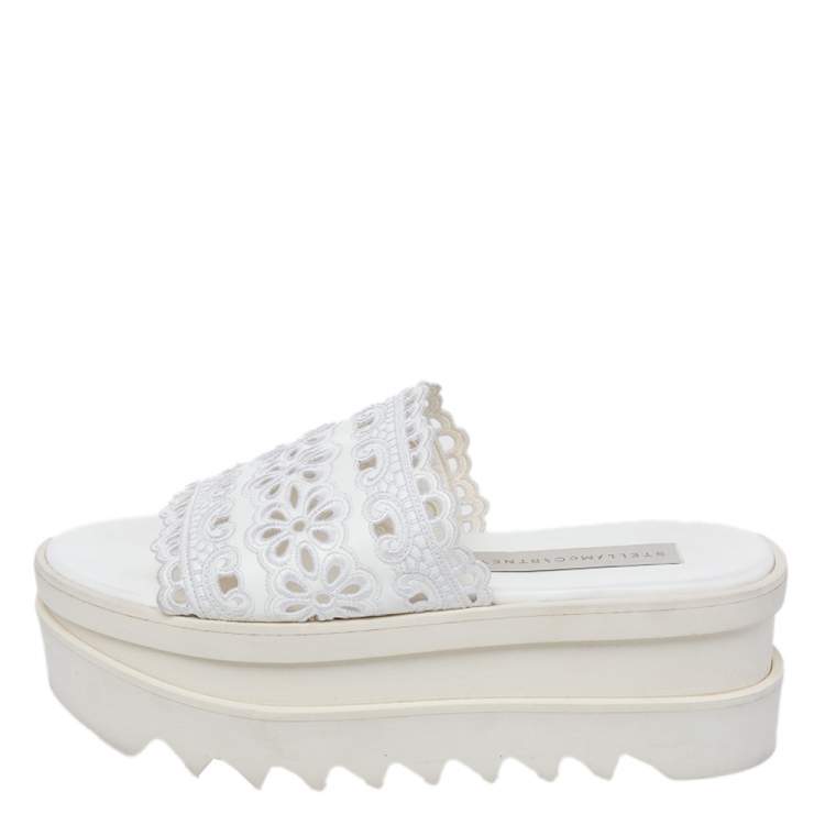 Pre Owned Stella McCartney White Floral Embroidered Cut Out Faux Leather Platform Slide Sandals Size 36