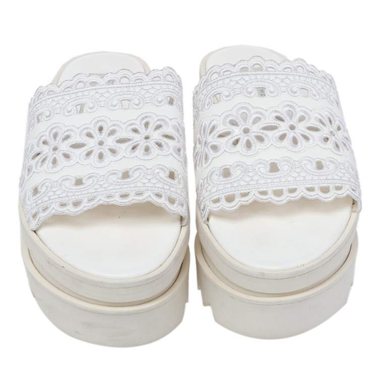 Pre Owned Stella McCartney White Floral Embroidered Cut Out Faux Leather Platform Slide Sandals Size 36