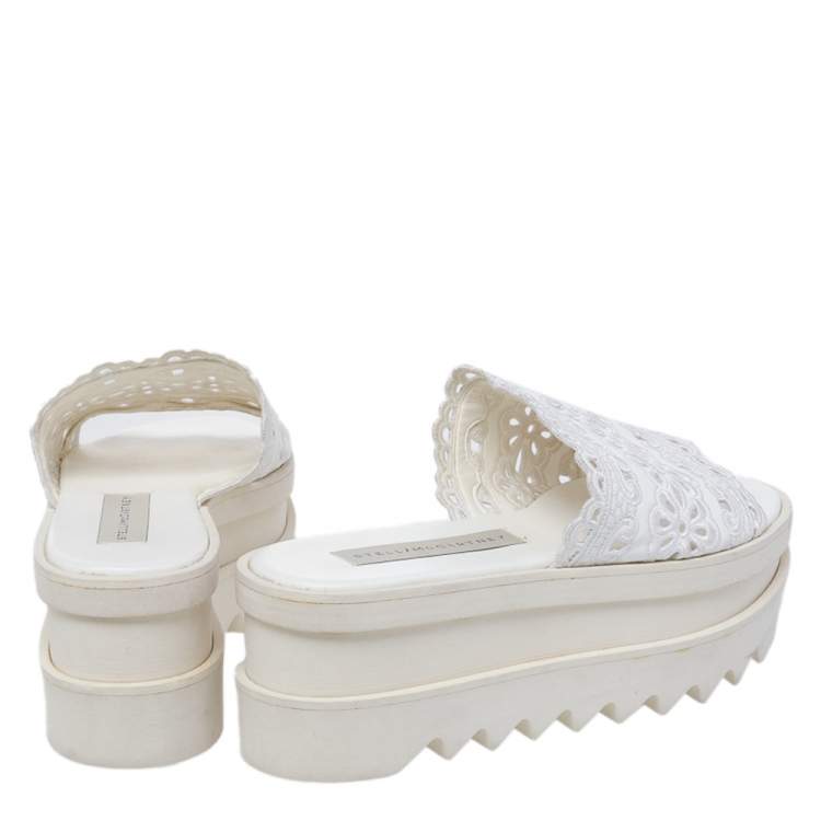 Pre Owned Stella McCartney White Floral Embroidered Cut Out Faux Leather Platform Slide Sandals Size 36