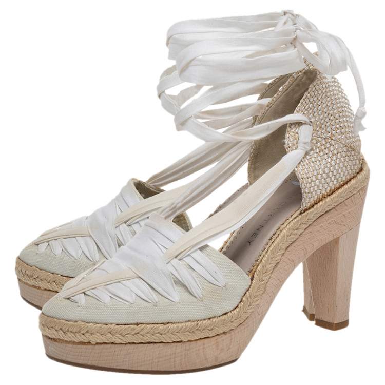 Pre Owned Stella McCartney White Fabric And Canvas Platform Ankle Wrap Pumps Size 37.5