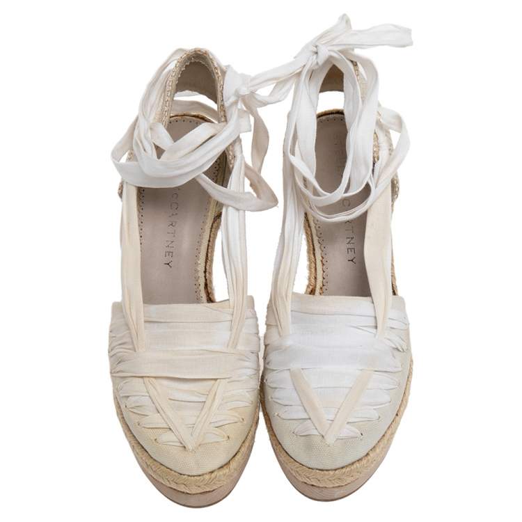 Pre Owned Stella McCartney White Fabric And Canvas Platform Ankle Wrap Pumps Size 37.5